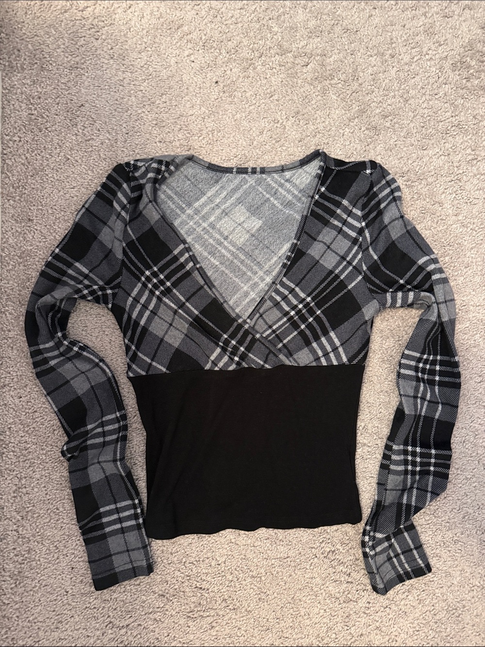 2000’s Y2k Plaid Wrap-Style Long Sleeve Top - Black & Gray